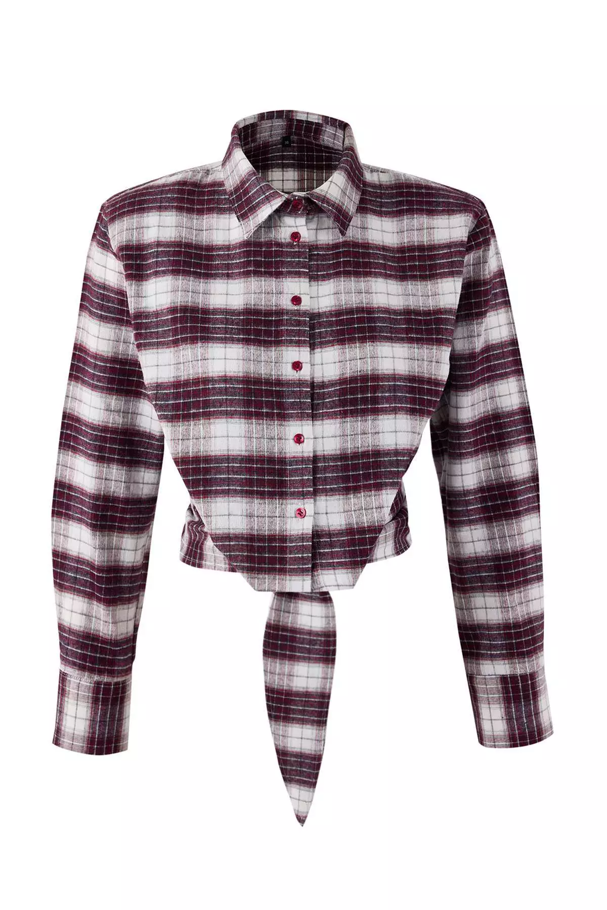 Burgundy-Multicolored Plaid Tie Back Flannel Shirt Twoaw26Go128
