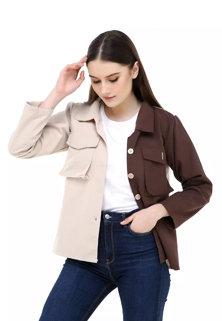 Hardwin Jacket Wanita Two Tone Casual Longsleeve Material Canvas ORIGINAL - Mocca