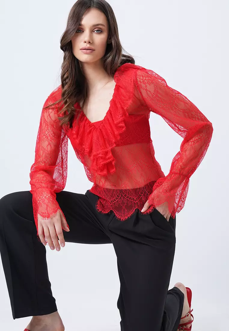V-Neck Ruffle Lace Blouse