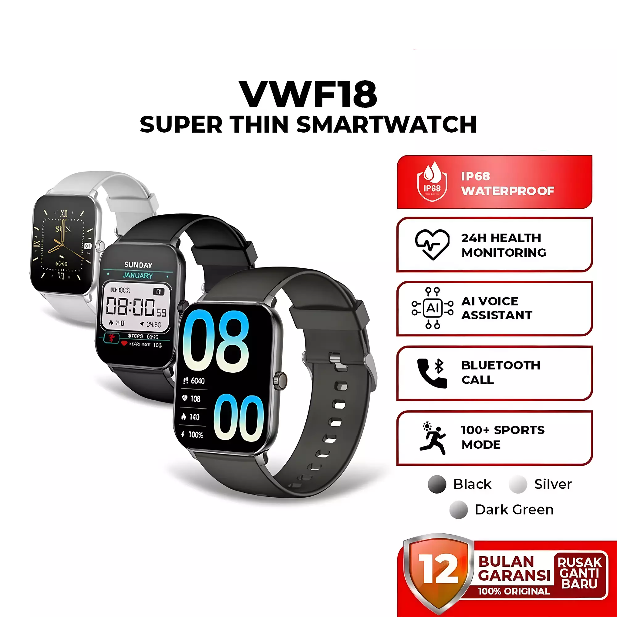 VIVAN Smart Watch VWF18 | Waterproof IP68 | 100+ Sports Mode | Alexa AI | Professional Health Monitoring | Battery Up To 7 Days - VWF18 Dark green