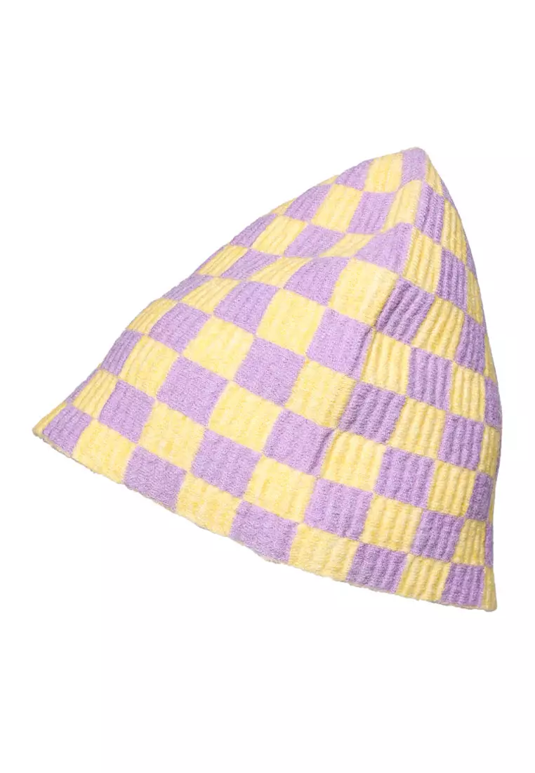Checkered Knit Beanie In Purple & Yellow
