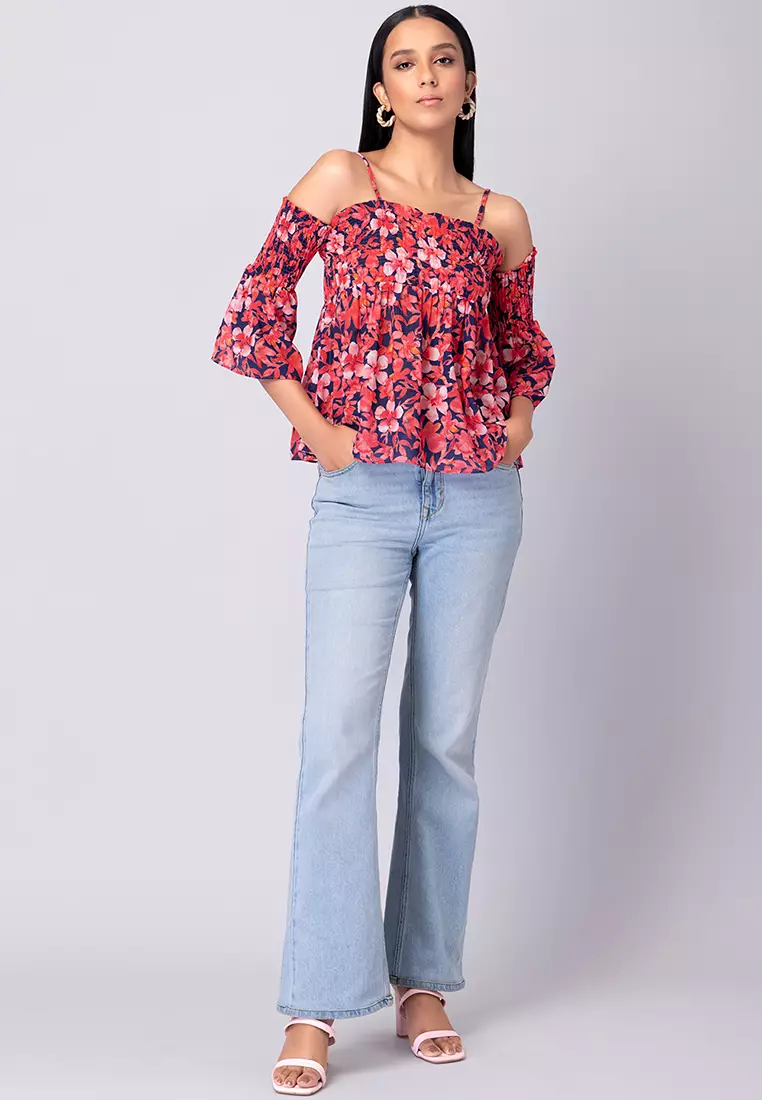 Red Floral Print Smocked Cold Shoulder Top