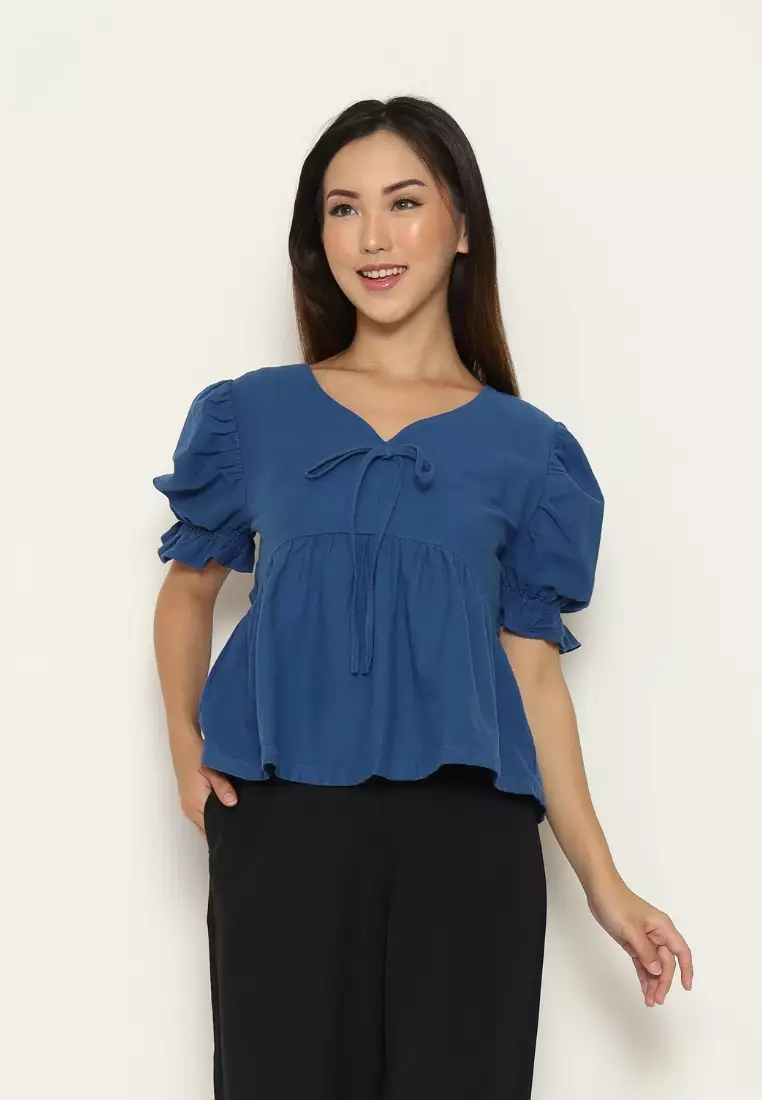 Urban Exchange Ziva Blue Blouse - Atasan Blouse Puff Sleeves Warna Blue
