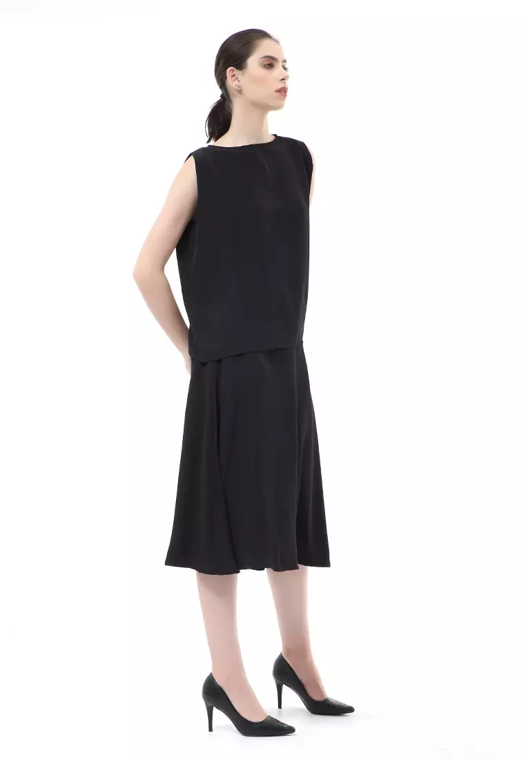 Nayra Set Atasan Wanita Setelan Tanpa Lengan with Long Skirt Motif Polos Material Chiffon Cathy ORIGINAL - Black