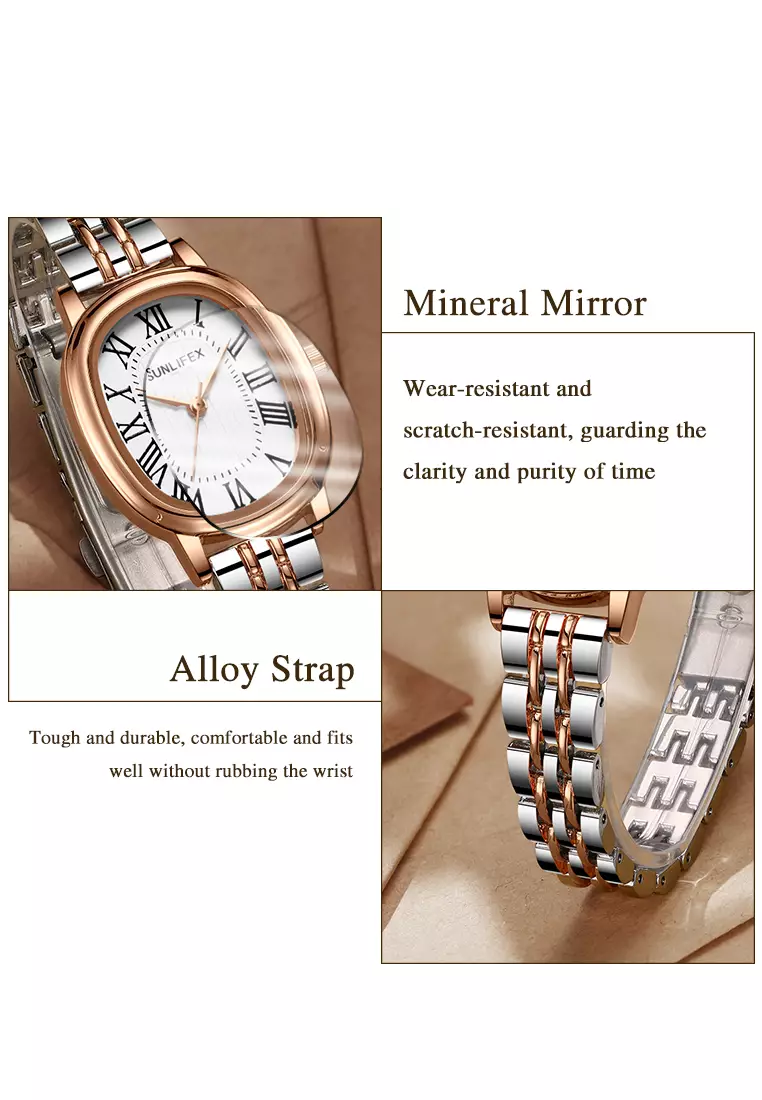 Jam Tangan Wanita Analog Original Korean Tali Rantai Oval Stanless Anti Air Jam Tangan Cewek rosewhite