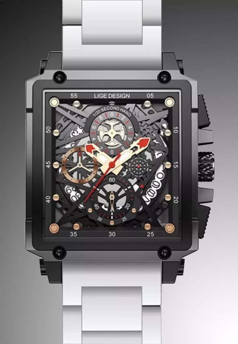 僅限 ZALORA - Skeleton Unisex IP 黑色不銹鋼計時碼表石英手錶 42mm W x 45mm H on Steel Bracelet