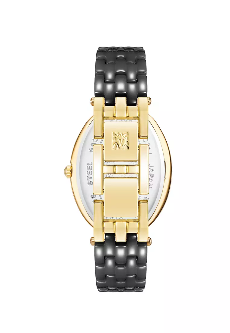 Gold Tone Oval Crystal Watch With Ceramic Band