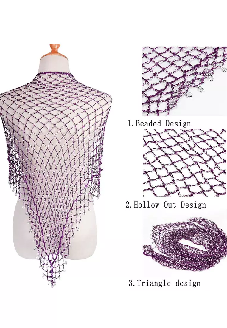 Aksesoris Wanita Beaded Triangle Scarf Segitiga Syal Wanita Purple & Silver