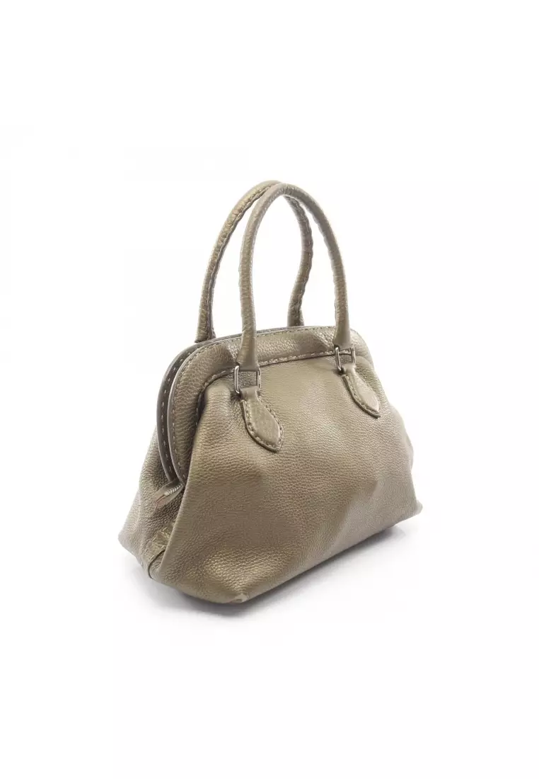 Pre-Loved Fendi Selleria doctor's bag metallic Handbag leather Khaki green