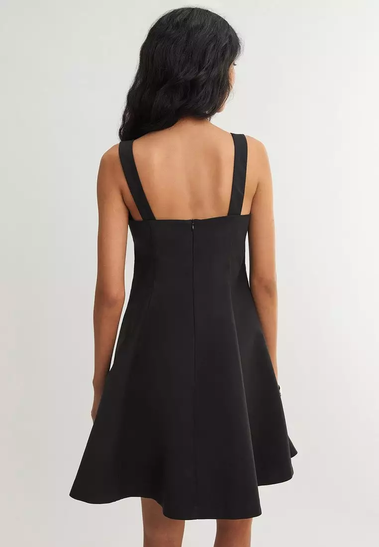 Square Neck Flare Mini Dress - Black