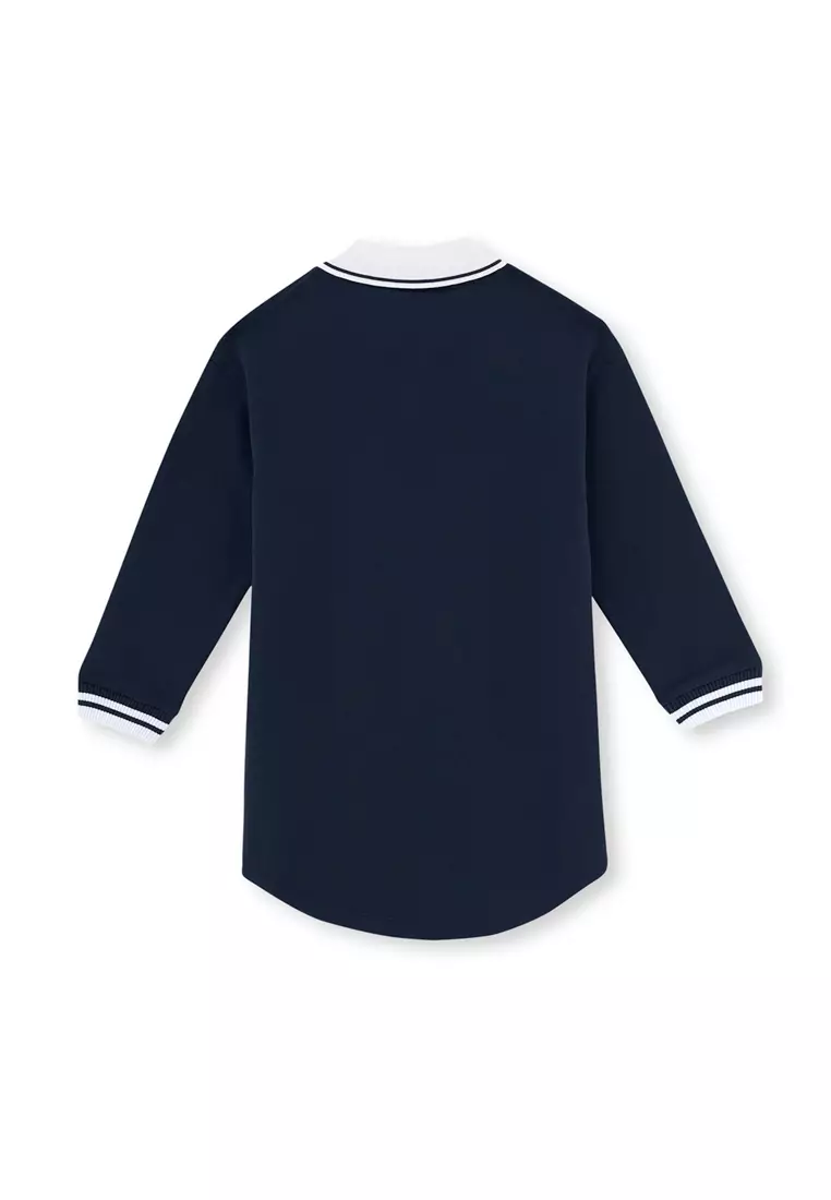 Navy Dress, Slogan Printed, Polo Neck, Regular, Long Sleeve Loungewear for Girls