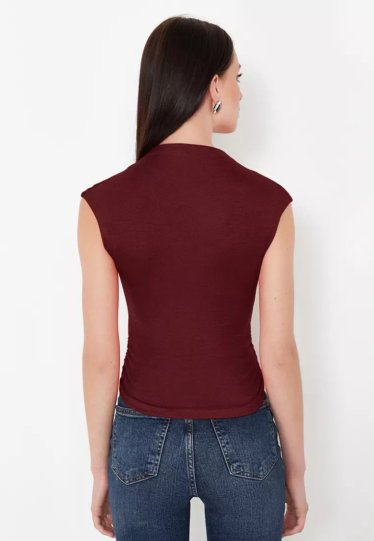 Claret Red Stand Collar Gathered/Drape Detailed Fitted/Body-Sit Asymmetrical Knitted Blouse TWOSS24BZ00534