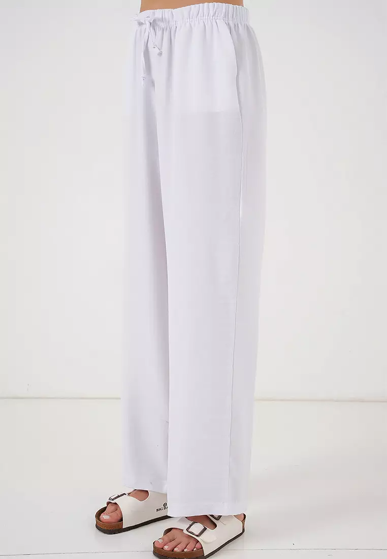 Women's Wide Leg Linen Trousers 6735 - White