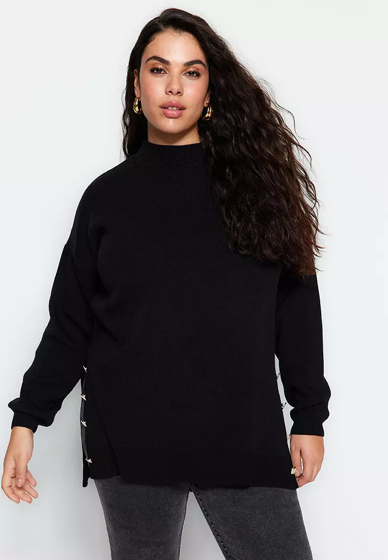 Black Button Detailed Turtleneck Knitwear Sweater Tbbaw24An00076
