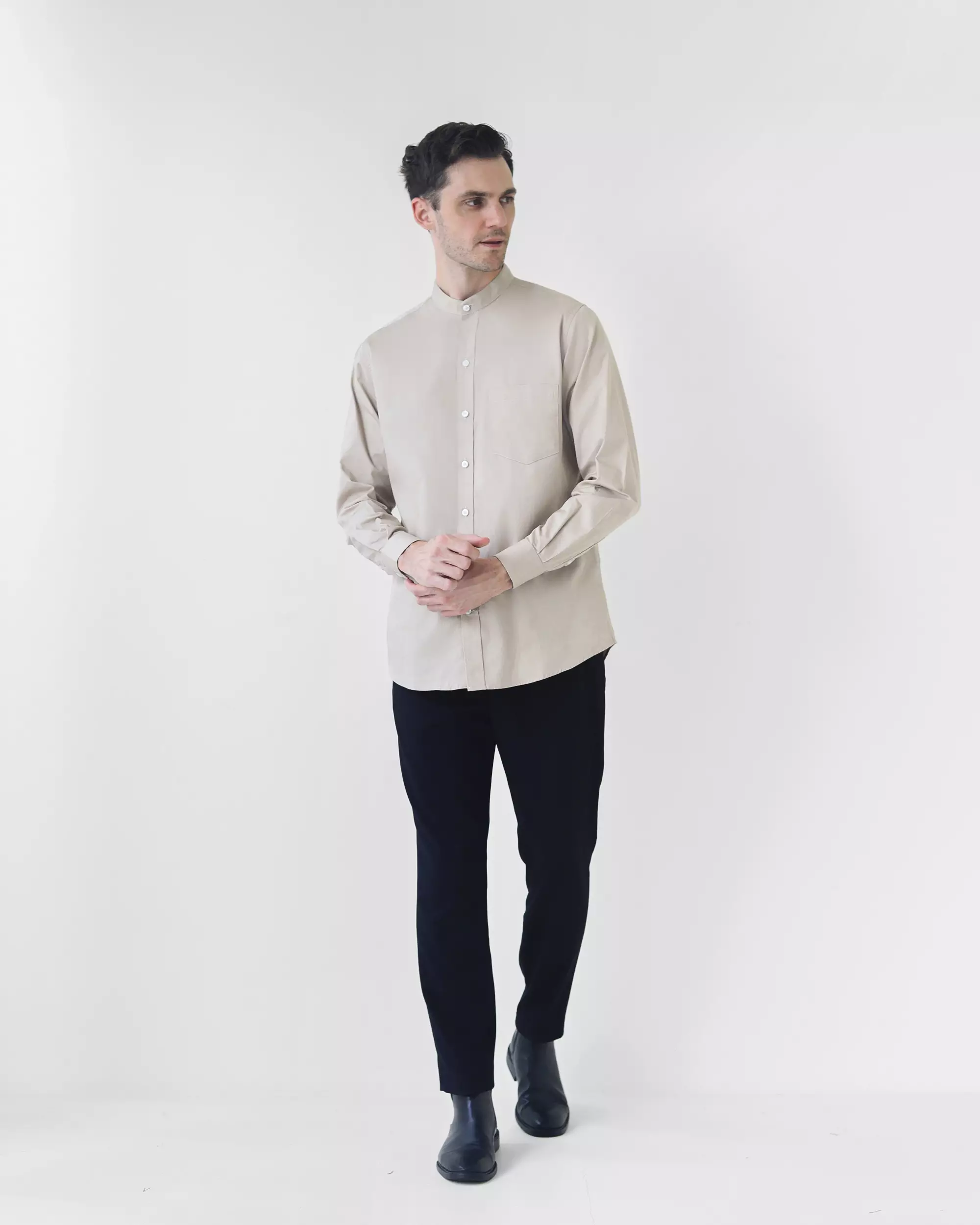 Cotton Well Badr Stand Collar Shirt Light Taupe | Kemeja Koko Lengan Panjang Krem