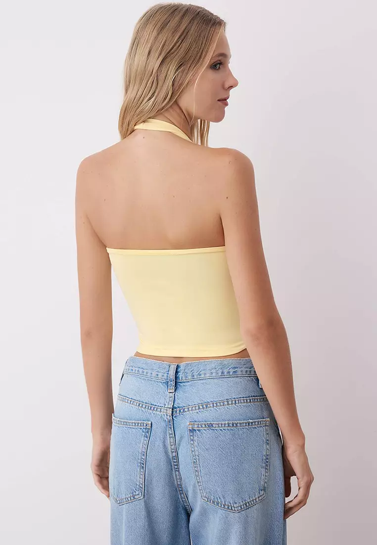 Yellow-Brown Neckline Crop Stretchy Knit Blouse Twoaw26Bz00251