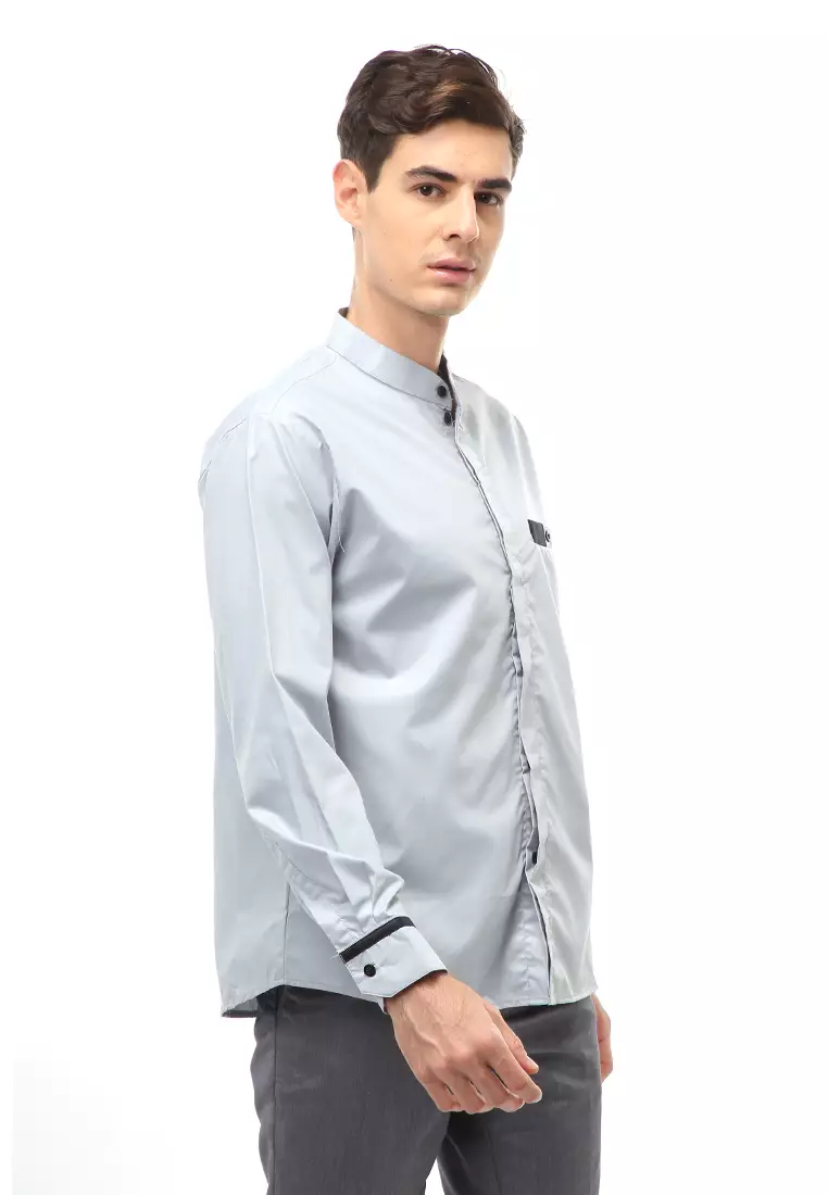 Dwan Atasan Formal Pria Kemeja Koko Simple Motive Long Sleeve Material Cotton ORIGINAL -  Gray