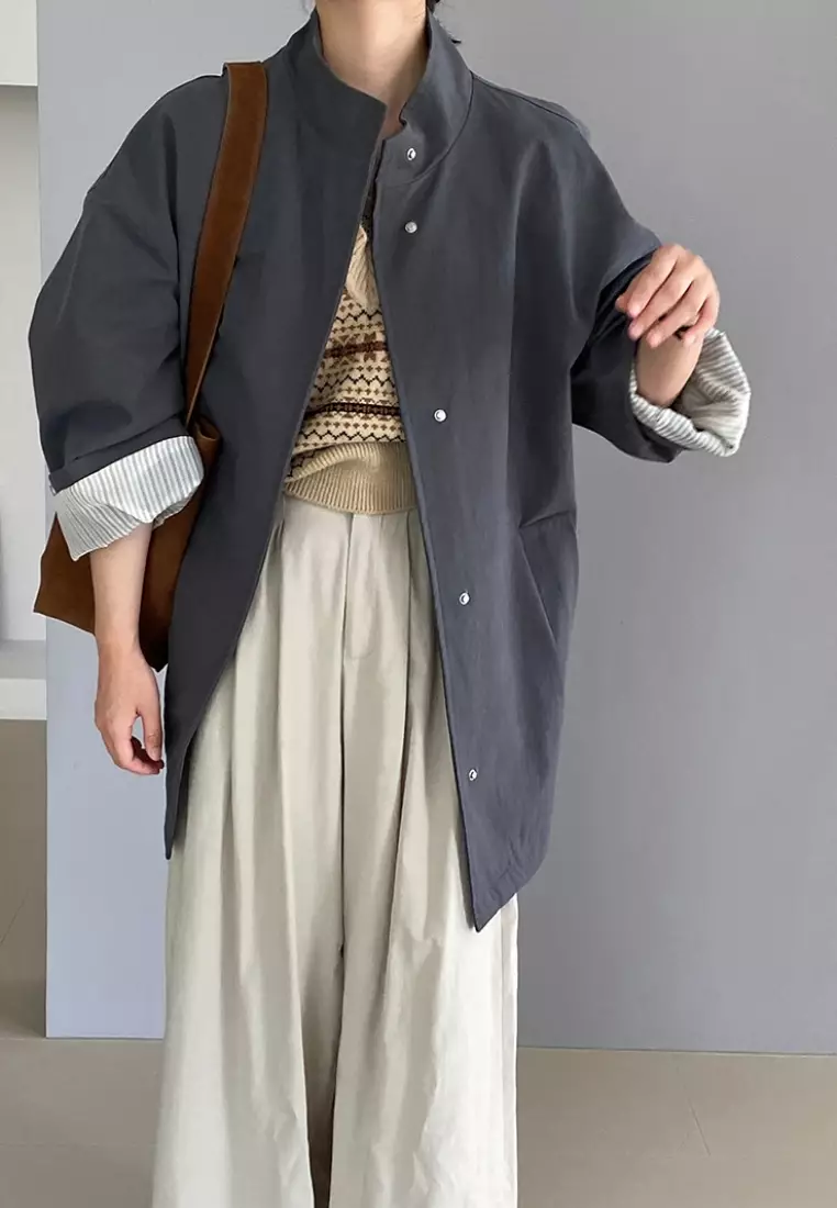 New silhouette mid-length workwear loose stand collar trench coat K091604GY