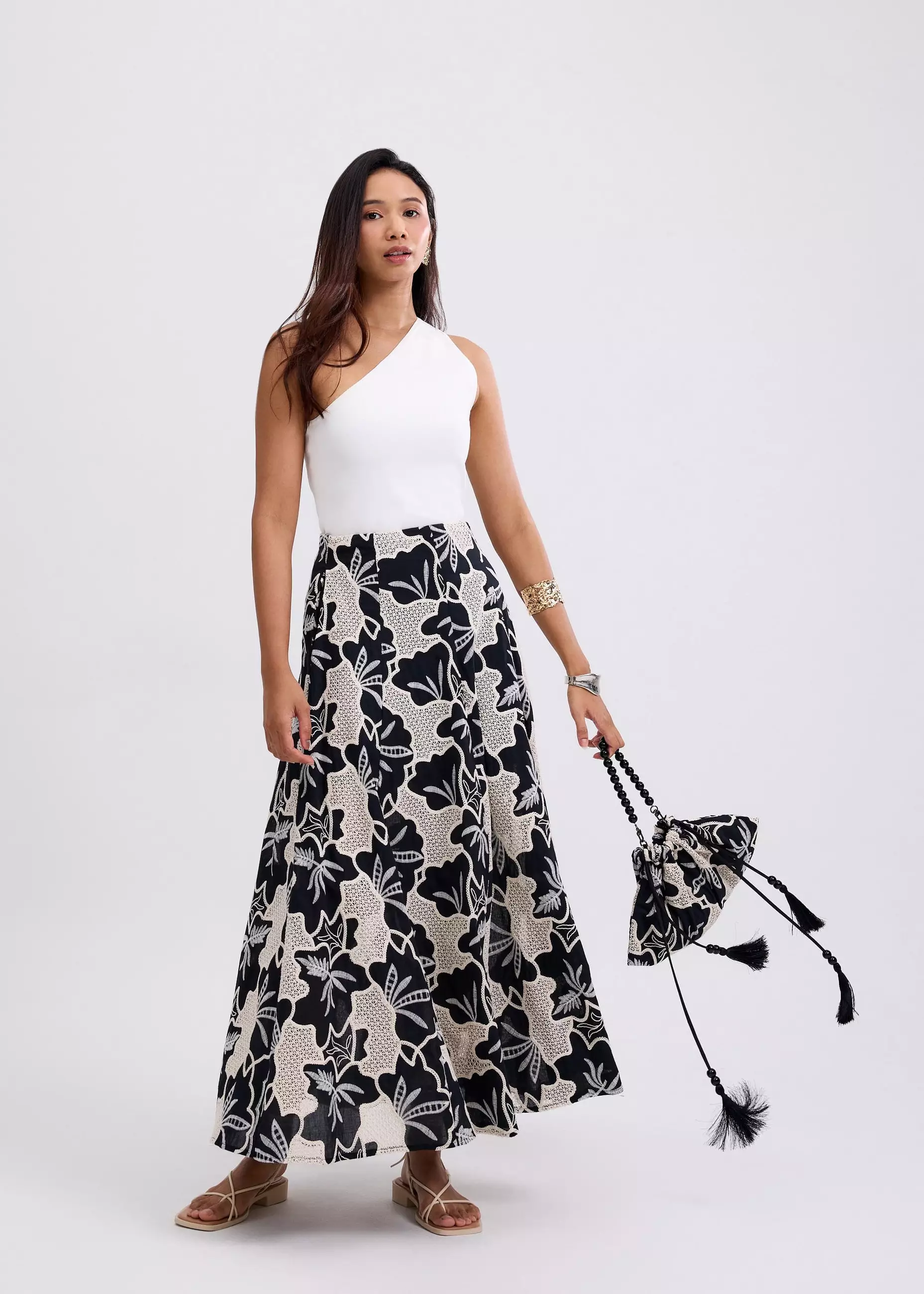 Rok Wanita - High Waist Flare Maxi Skirt in Midnight Blooms Broderie