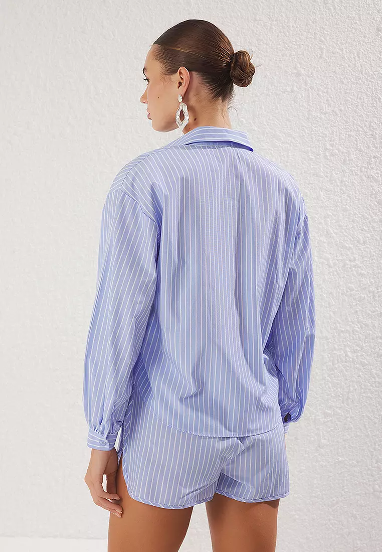 Blue Striped Shirt Shorts Beach Set