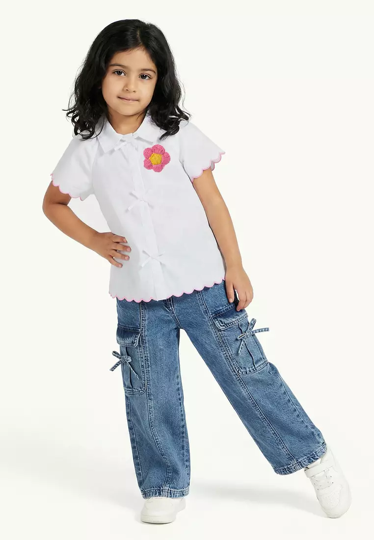 Babyshop Juniors Collared Short Sleeves Shirt With Embroidery And Bow Detail
