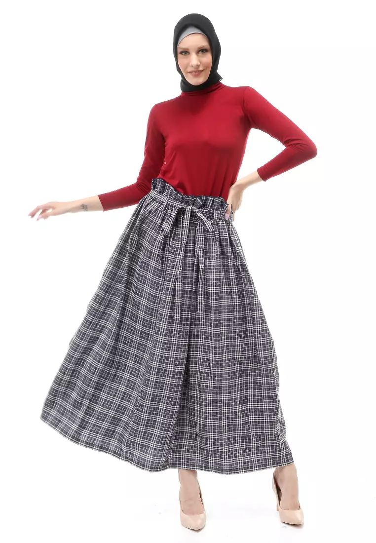 Amel Long Skirt Bawahan Wanita Motif Kotak-Kotak Regular Fit - Navy