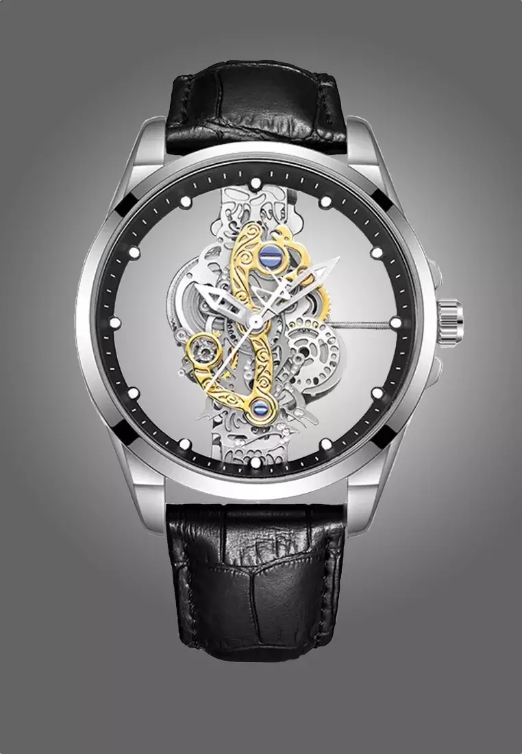 Round Skeleton Alloy Quartz Watch on Black Leather strap