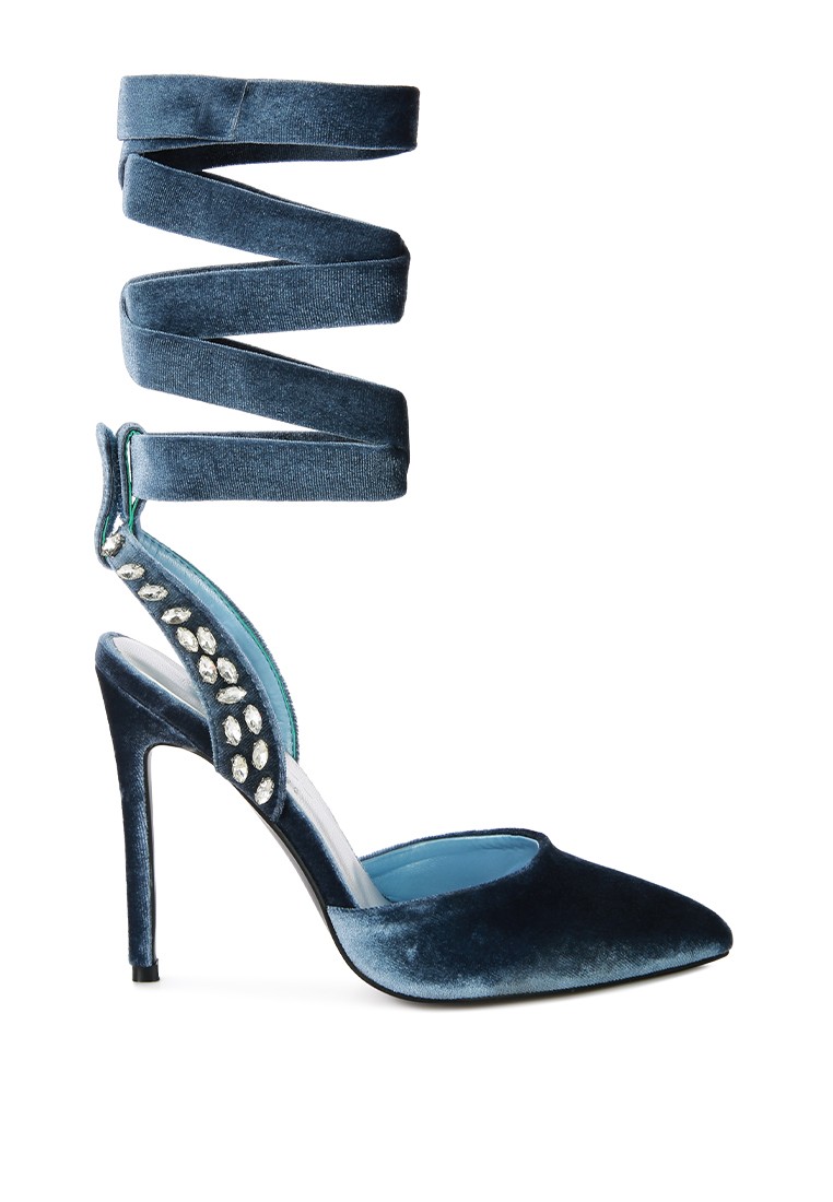 Blue Velvet Diamante Tie Up High Heeled Sandals