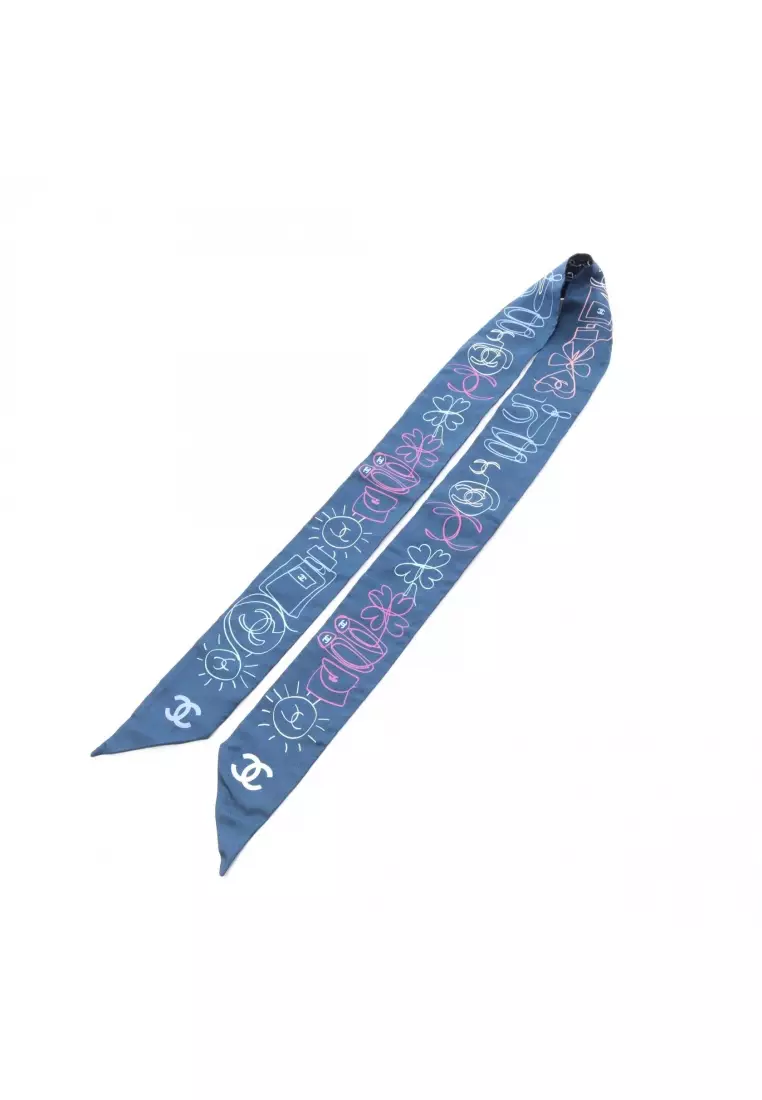 Pre-Loved Chanel coco mark all-over pattern scarf silk Navy multicolor