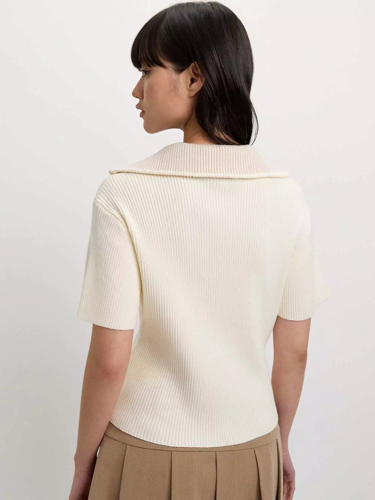 Zip-Up Ribbed Polo Top - Ivory