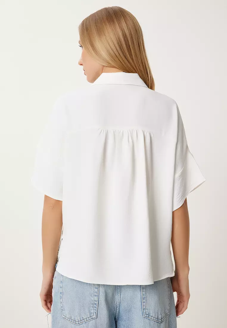 Women's Ecru Wrinkle Effect Pocket Woven Blouse Mx00193