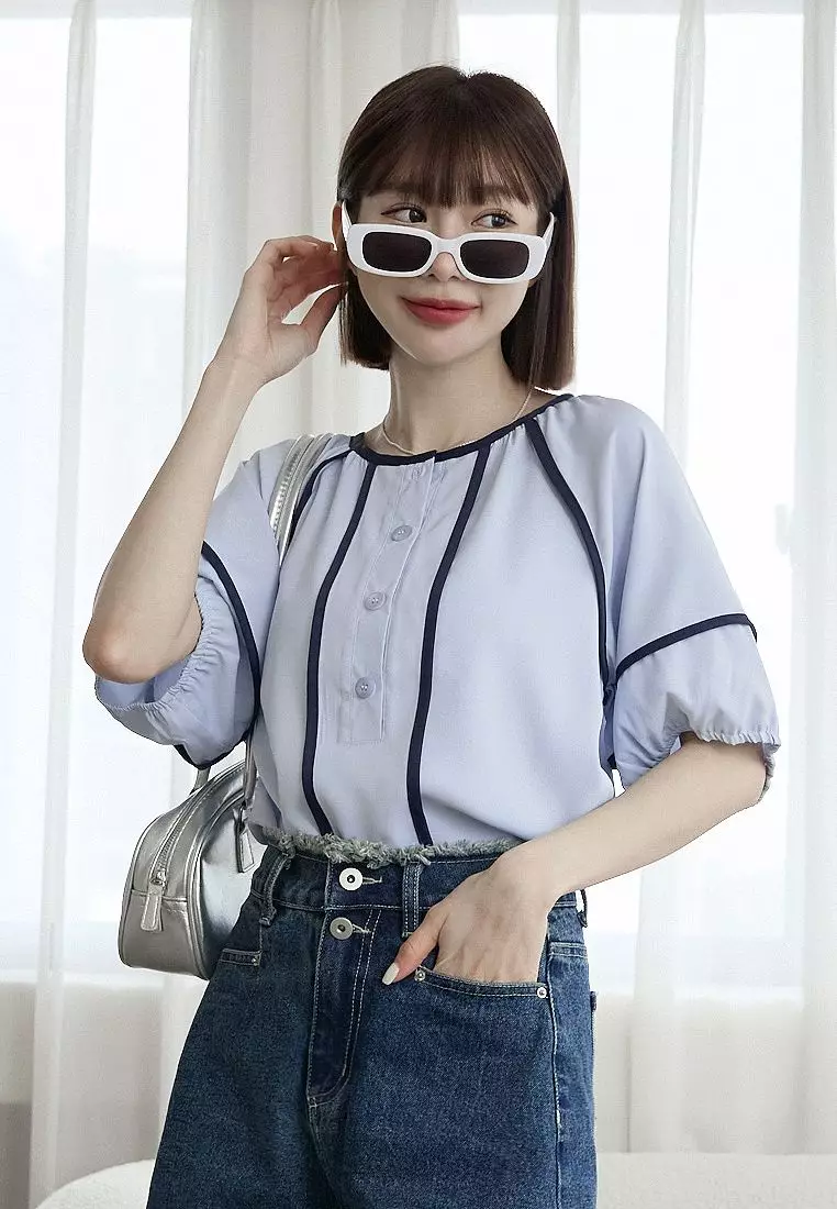 Round Neck Colorblock Trim Half-Placket Lantern Sleeve Top [AB20353]
