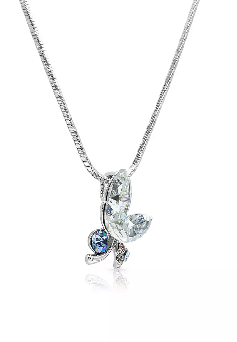 SO SEOUL Ioni Maple Leaf Blue Shade Swarovski® Crystal Stud Earrings with Pendant Chain Necklace Jewelry Gift Set