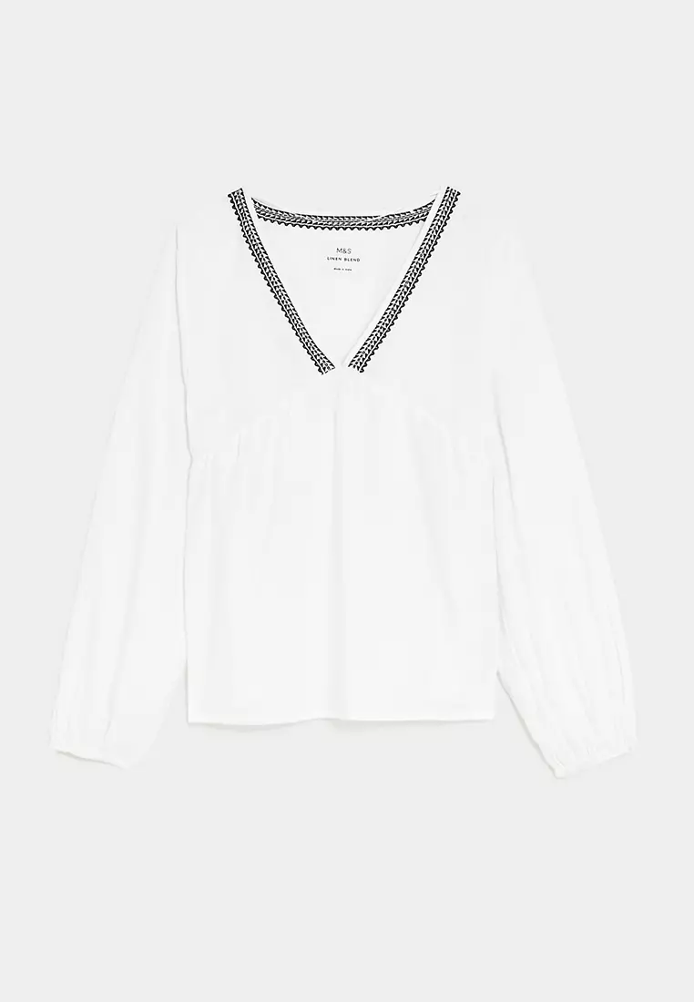 Linen Blend V-Neck Blouse