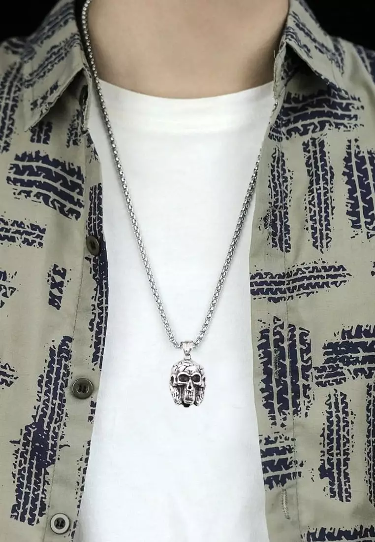4 D Faced Skull Premium Stainless Steel Necklace Kalung Pria Silver