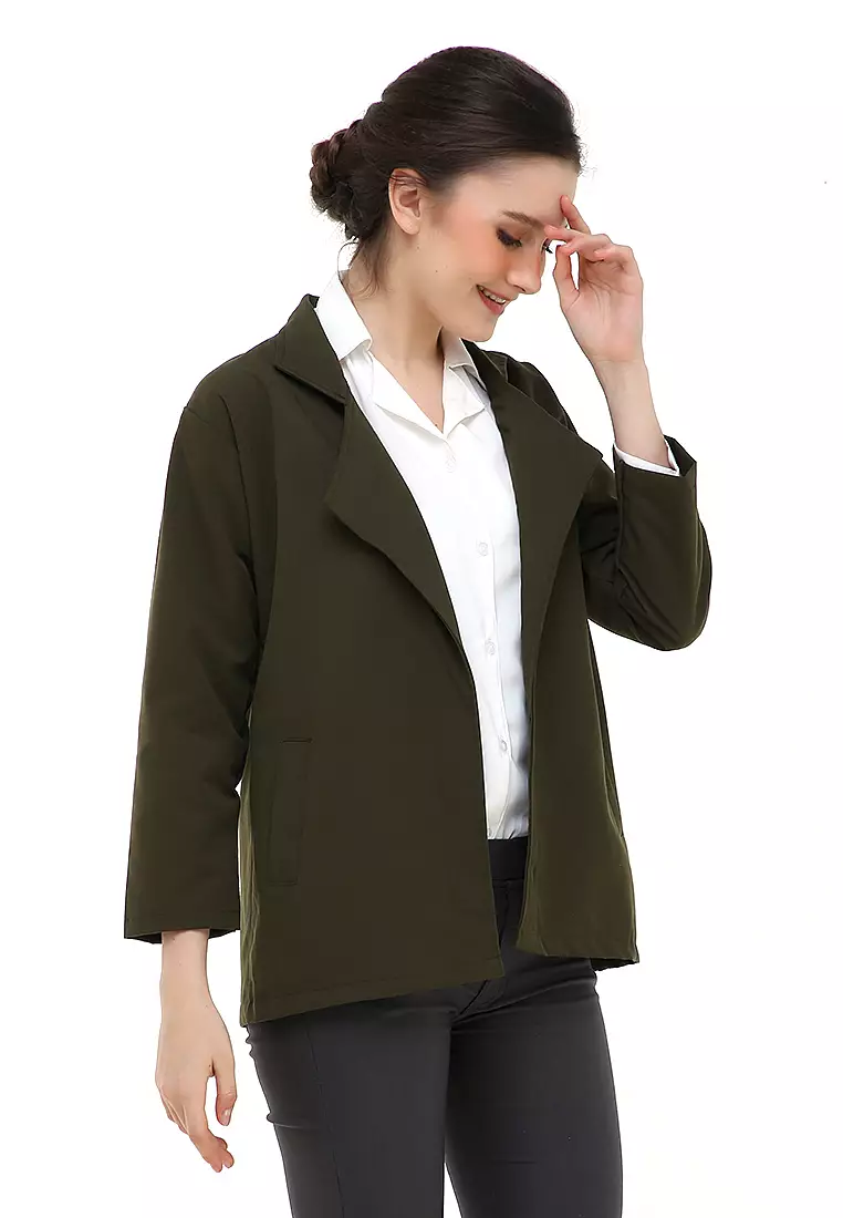 Qemsya Jas Blazer Wanita Long Outer Casual Suit Material Baby Canvas ORIGINAL - Army