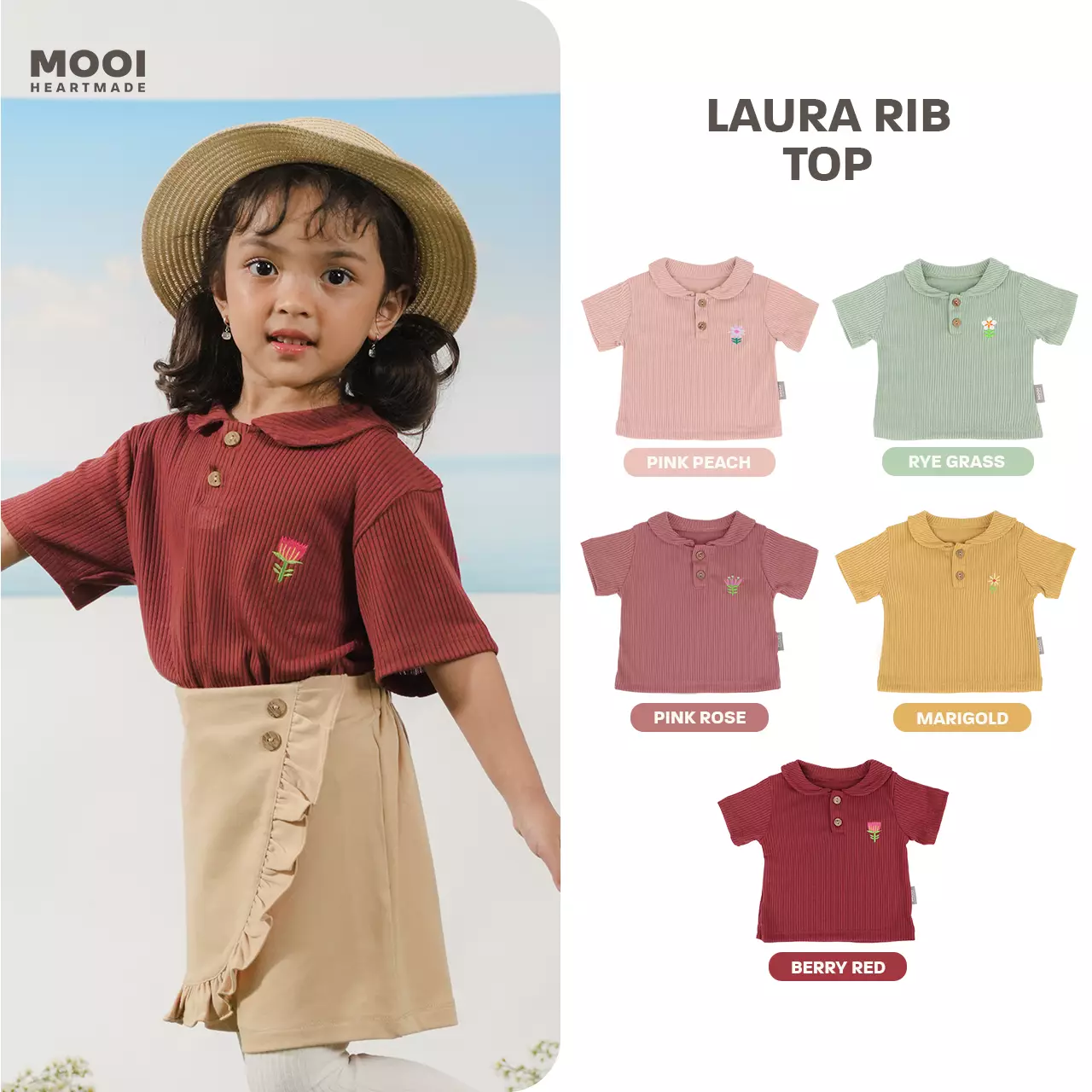 Mooi Atasan Anak Perempuan Laura Rib Top - Berry Red