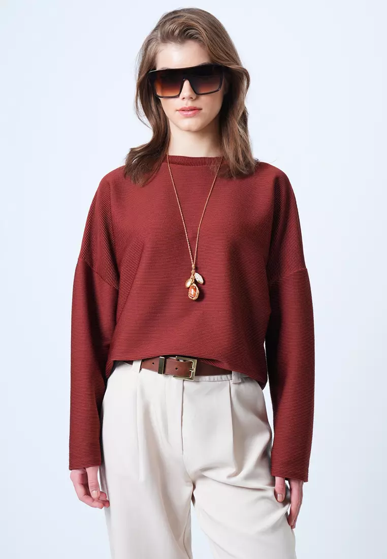 Crew Neck Wide Cut Bat Sleeve Basic Blouse