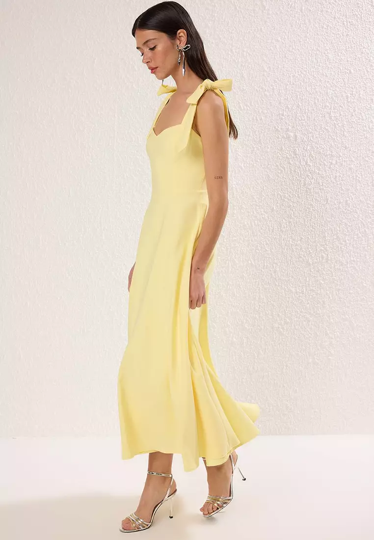 Light Yellow A Line Strap Lacing Detailing Midi Stylish Evening Dress