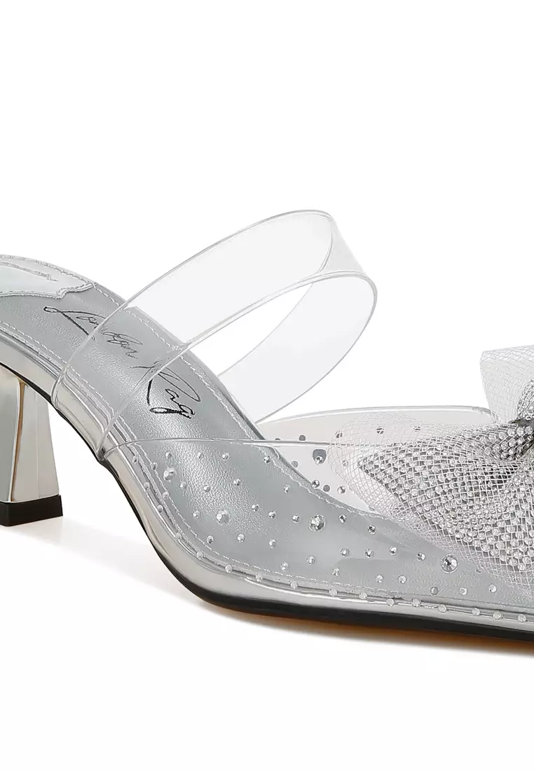 Embellished Bow Kitten Heels in Silver