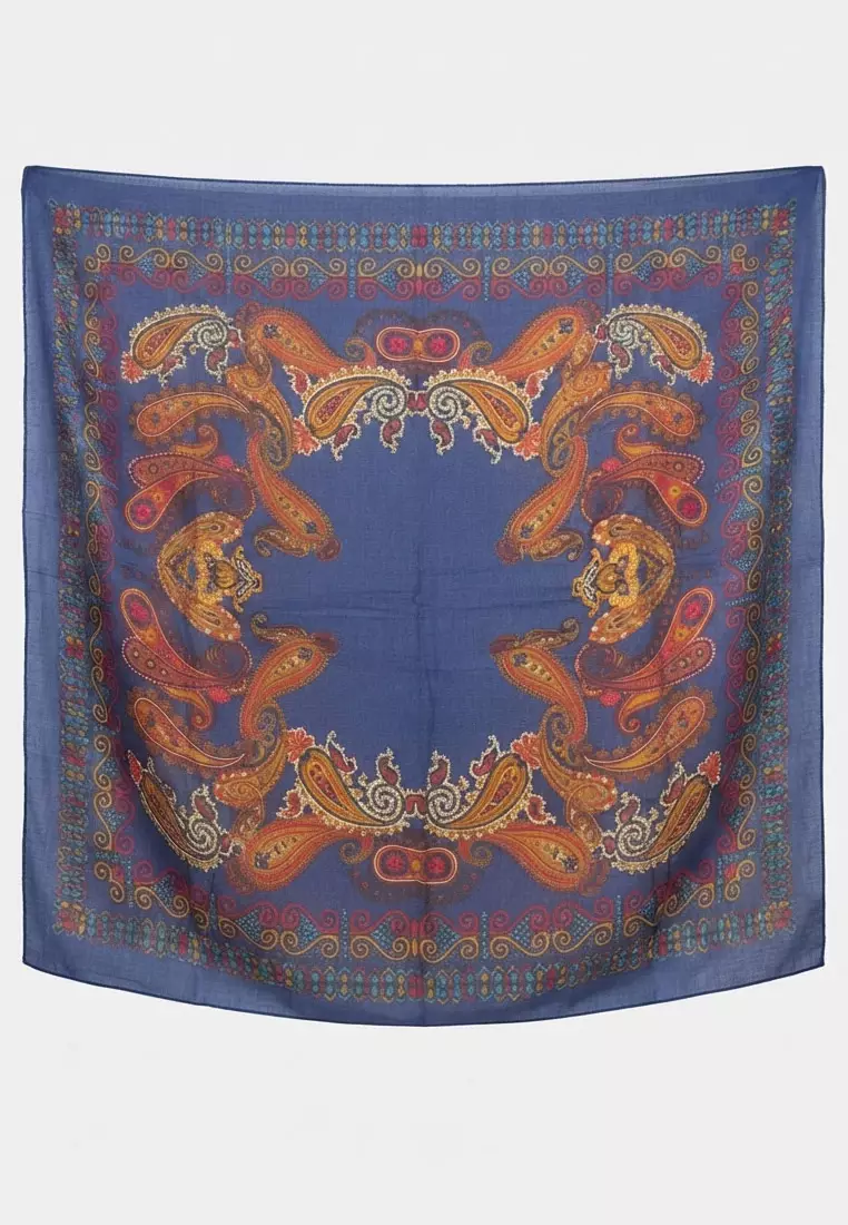 Paris Paisley Motif Square Hijab Segi Empat Scarf Blue
