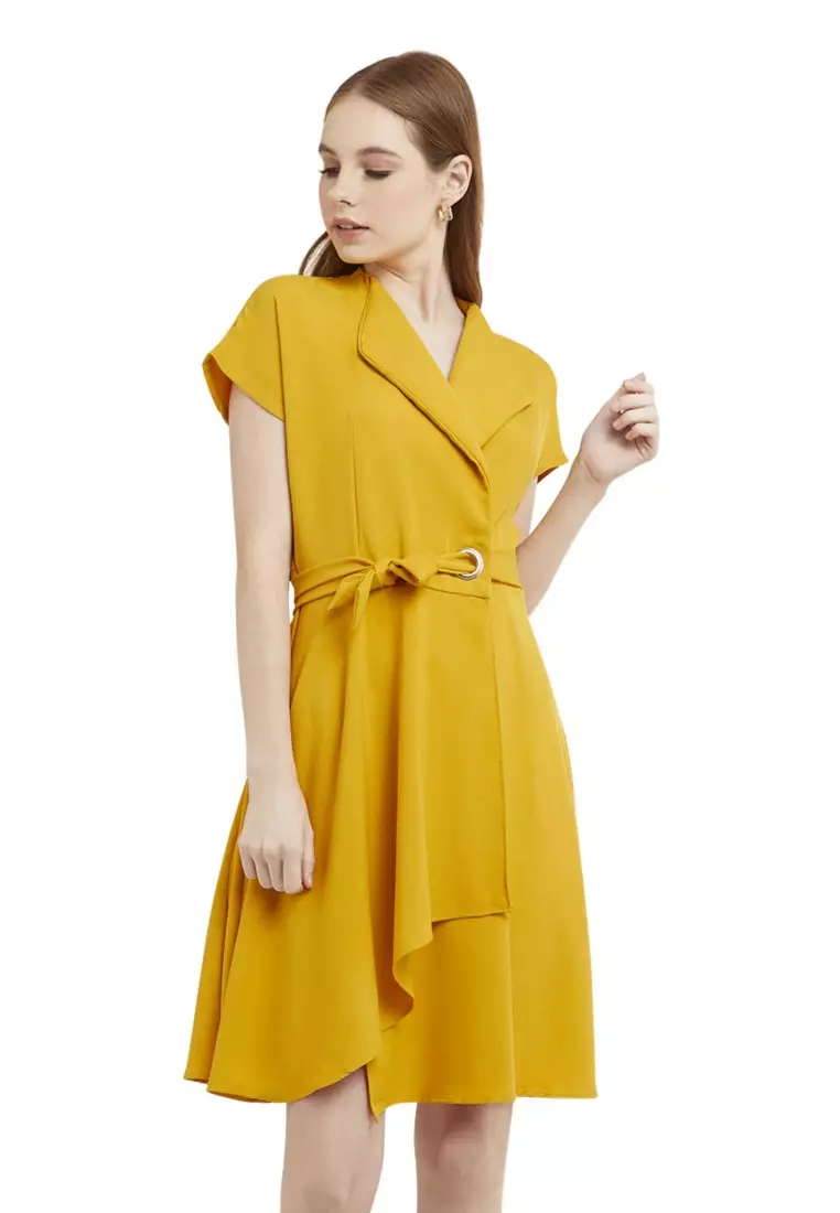 Mini Dress Kasual Lengan Pendek Collar Neckline Baju Wanita Regular Fit - Mustard