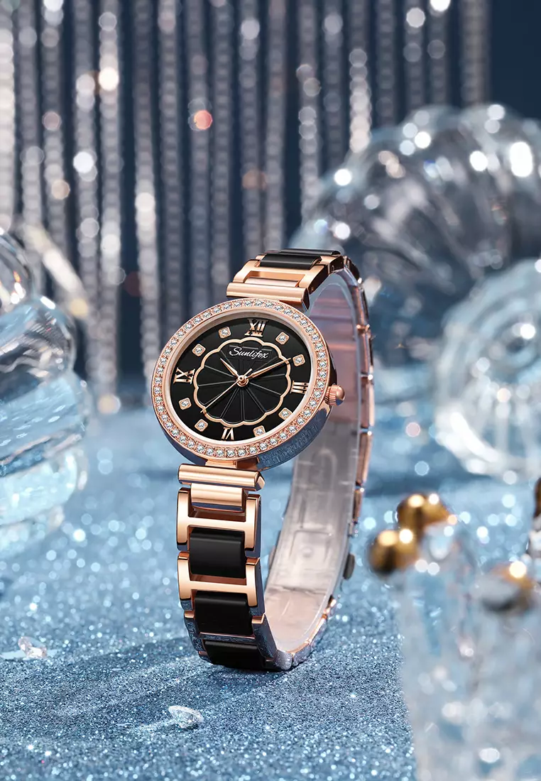 Jam Tangan Wanita 6032 Kuarsa Tali Stainless Steel Berlian Anggun Santai Jam Tangan Cewek black