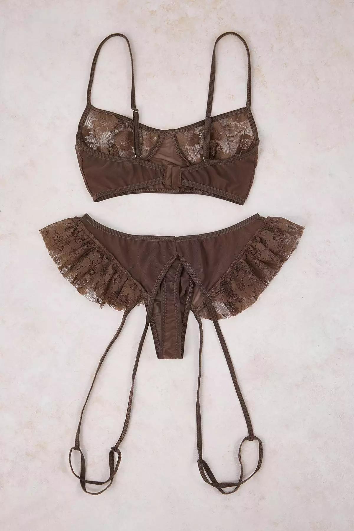 Brown Ribbon Detailed Leg Band Ruffled Lace Fancy Lingerie Set Thmaw26Bd4