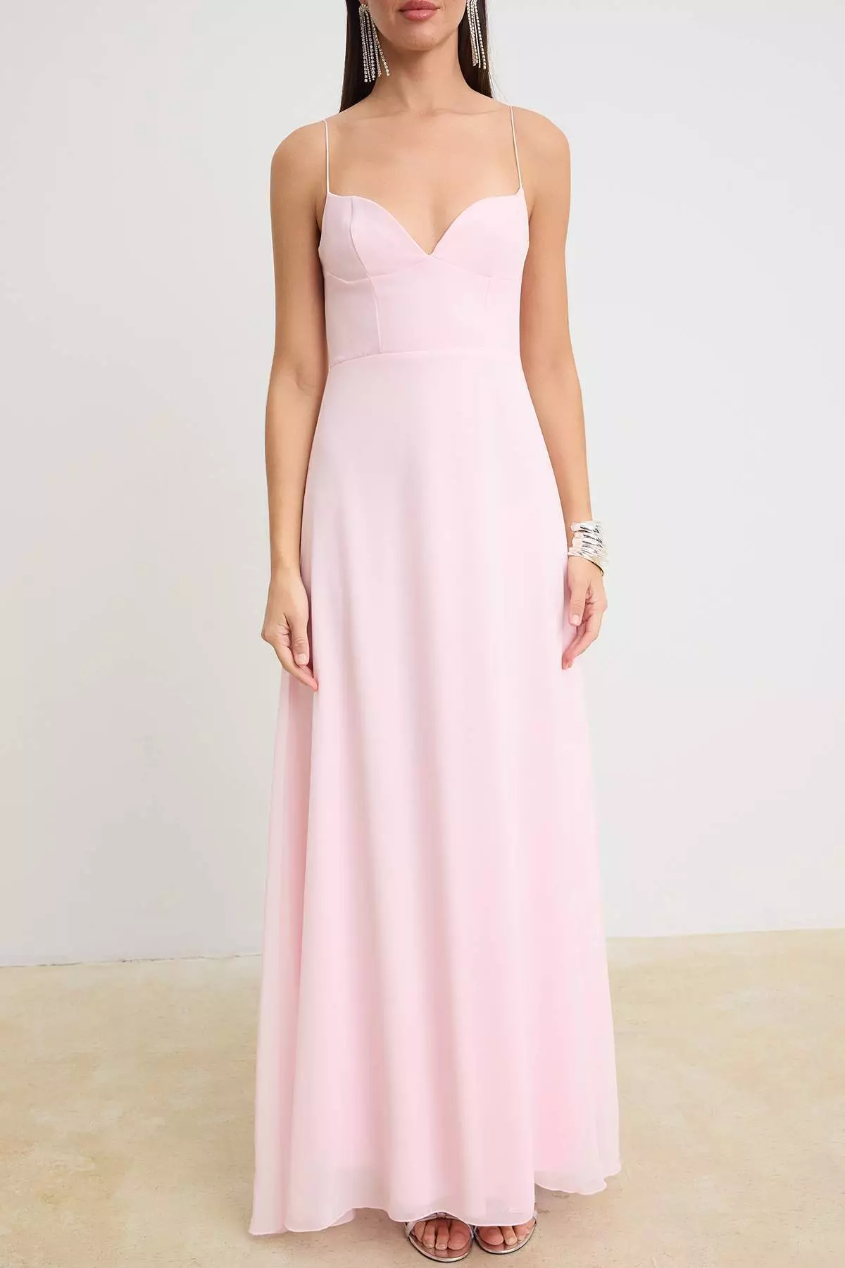 Pink Plain Woven Chiffon Maxi Evening & Graduation Ceremony Dress