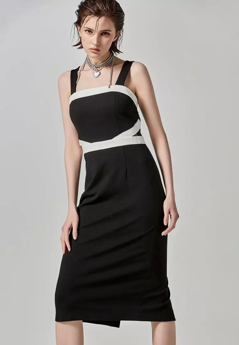 Midi Black Dress With Contrast White Trim