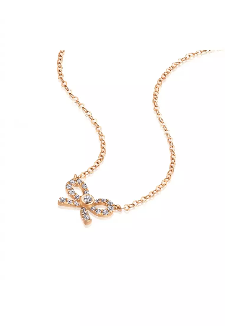Delicate Gold 18K Rose Gold 0.074 Carat (I-J Color, VS1-VS2 Clarity) Diamond Bowtie Necklace for Women 92287N