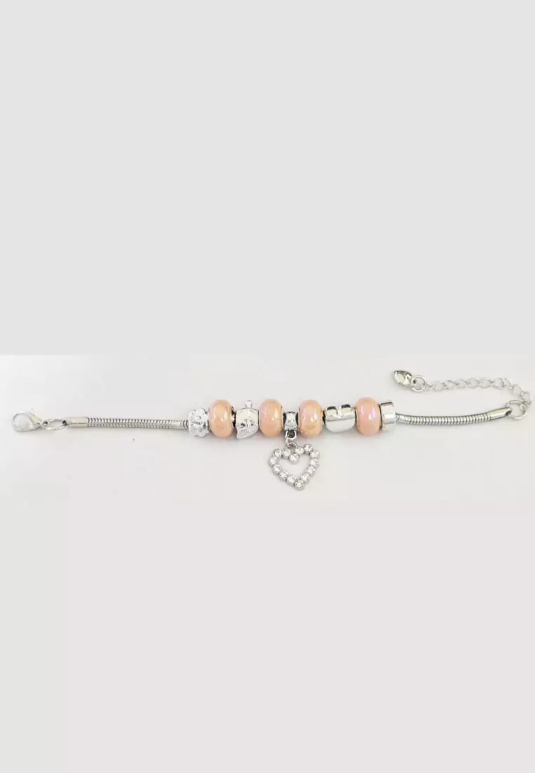 Accessories Wanita Heart embellished Pomora Charm Bracelet Gelang Wanita Silver & Peach