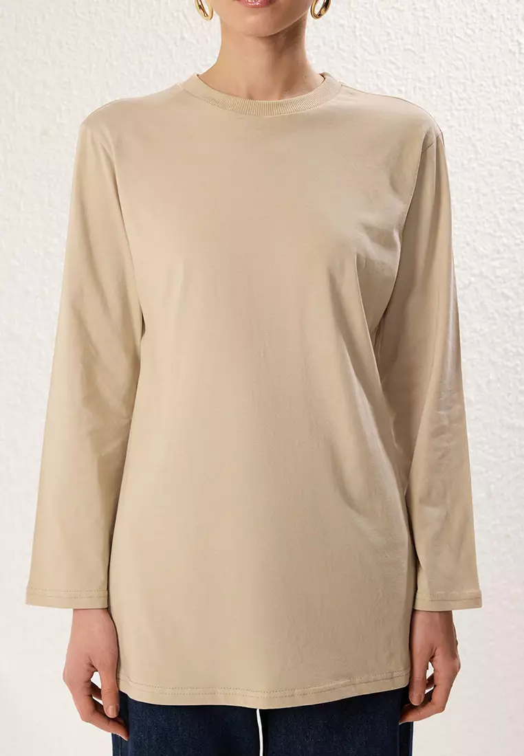 Tan Beige Long Sleeve Slit Detailed Knitted T-Shirt TCTSS25RT00000