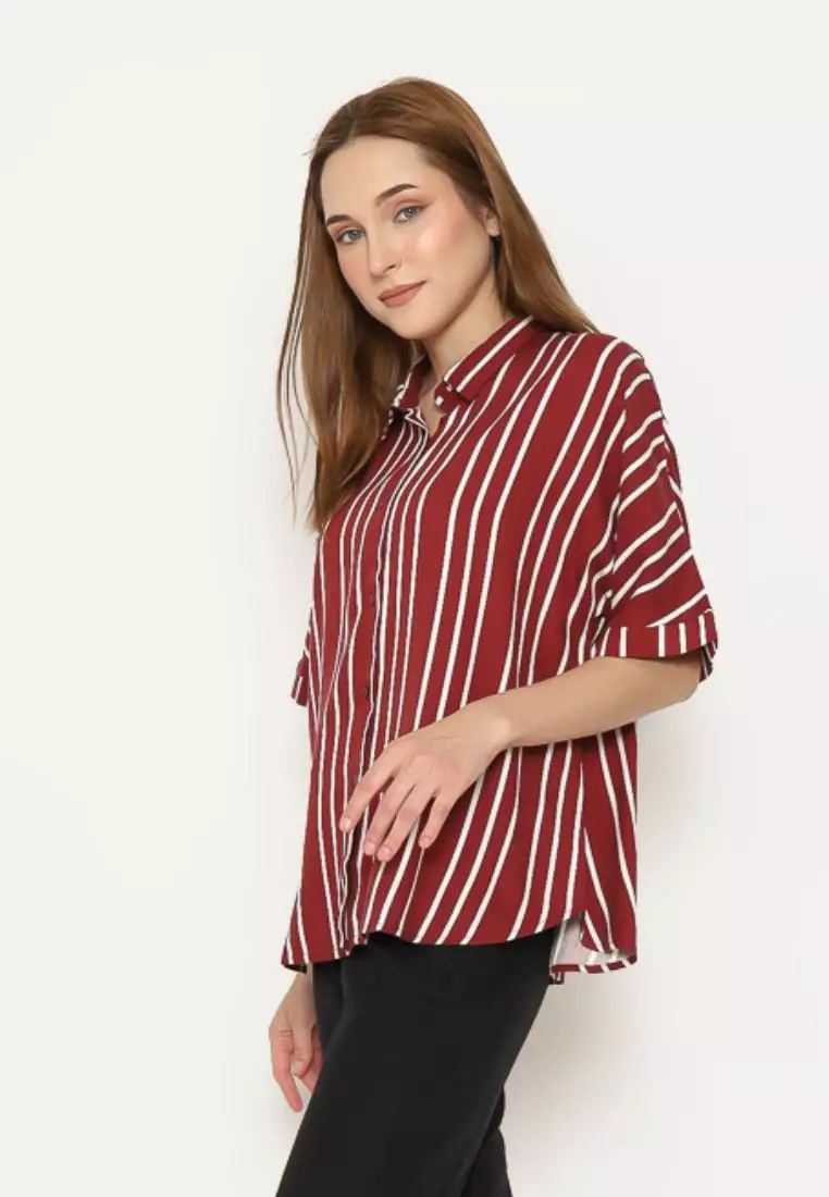Urban Exchange Kimiko Stripe Maroon Shirt - Kemeja Lengan Pendek Wanita